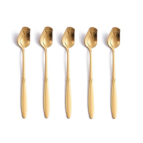 10 Pieces Rose Flower Spoon Set, Coffee Teaspoon, Stainless Steel Stirring Spoon, Dessert Spoon, Sugar Spoon, Ice Cream Spoon, Milkshake Spoon for Tableware Kitchen, Cafe or Bar Gold 5.2 inch 11g