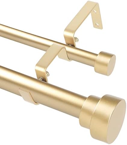 Gold Double Curtain Rods for Windows 36 to 72 Inch(3-6Ft),Adjustable Telescoping Double Curtain Rod with Modern End Cap,1 Inch Diameter Heavy Duty Double Drapery Rod Set 36-72”,Gold
