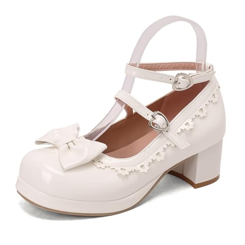 Inornever Women's Round Toe Mary Jane Pumps - Chunky Low Heel Platform Shoes with Adjustable Bow Knot, Comfortable Business Casual Dress Flats for Ladies2