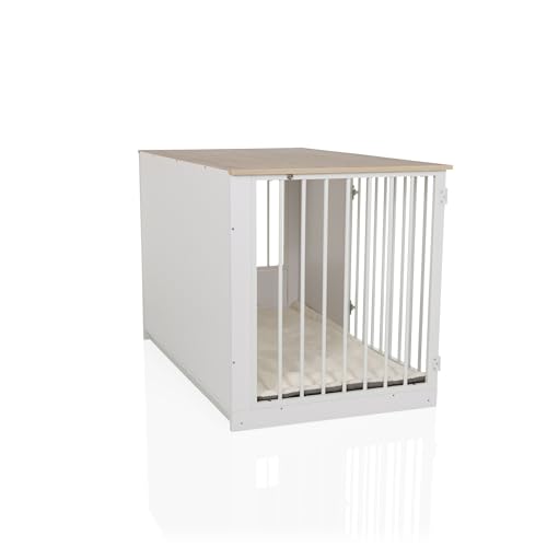 hjh LIVING Hundebox für Zuhause, 102x60x65,5 cm PAWHOME XL Hundekäfig inkl. Edelstahlnäpfe, Hundehaus mit Tür bis 30kg belastbar, Weiß/Eiche