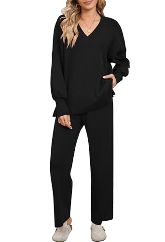 Image of Pink Queen Two Piece Outfits For Women Puff Long Sleeve Sweater Set Casual Loose Ribbed Knit Loungewear