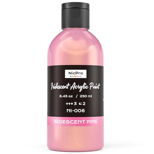 Nicpro Iridescent Pink Acrylic Paint 8.45oz / 250ml Large Bottle Pink Metallic Acrylic Paint Color Shifting & Non-Toxic Art Painting Supplies For Craft Canvas Fabric Rock Wood Ceramic Metal