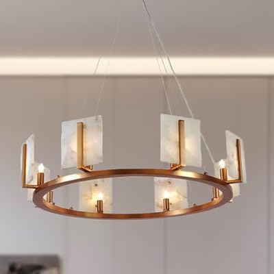 Natural Round Alabaster Chandelier, Hand-Made Hanging Light Fixtures with Brass Finish, 33 Inch Diam Large Pendant Light, Organic Alabaster Ceiling Light for Over Dining Room,Living Room