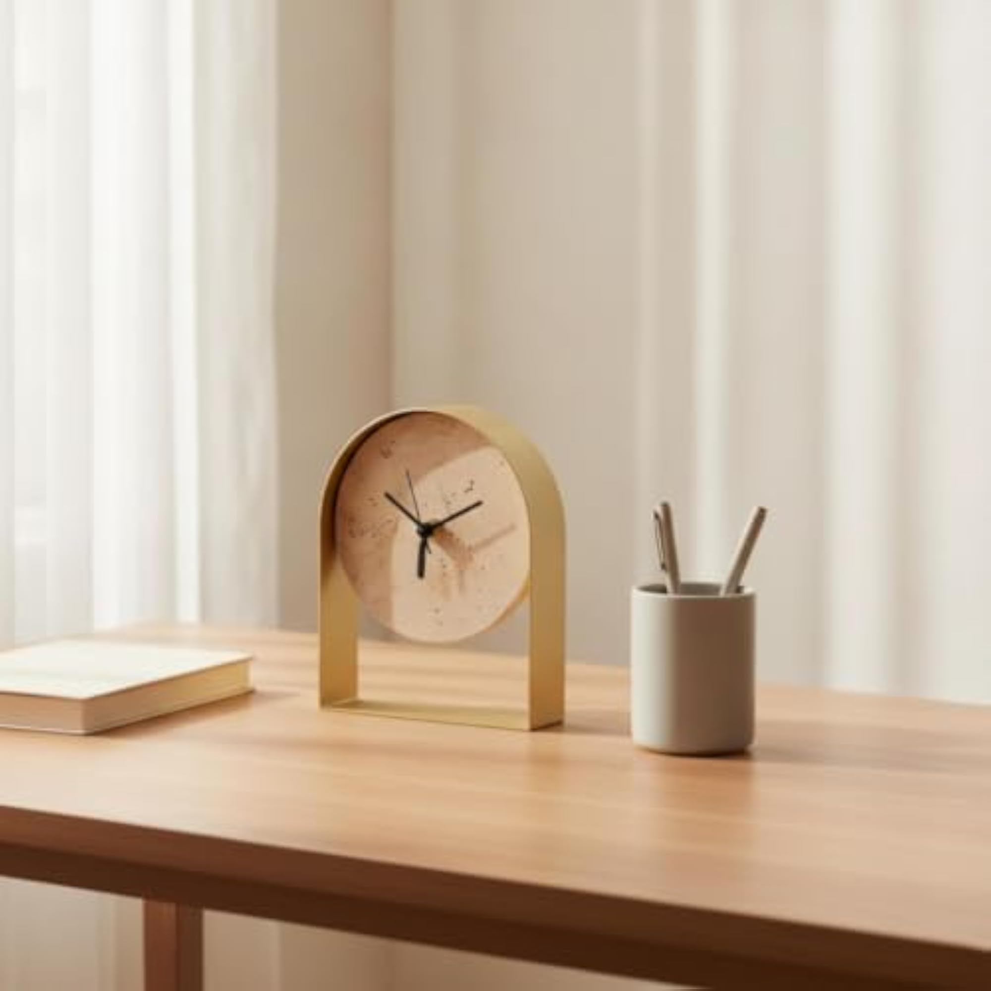 Clock with Stone Face, Compact Arched Mantel Design