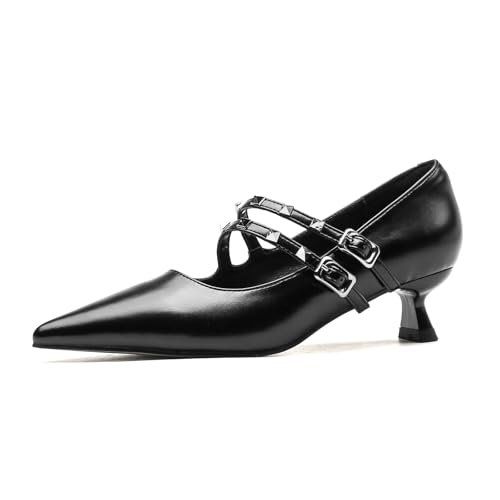 Women's Closed Pointed Toe Low Heel Mary Jane Pumps Fashion Studded Ankle Strap Kitten Heel Formal Heels Wedding Prom Business Dress Shoes