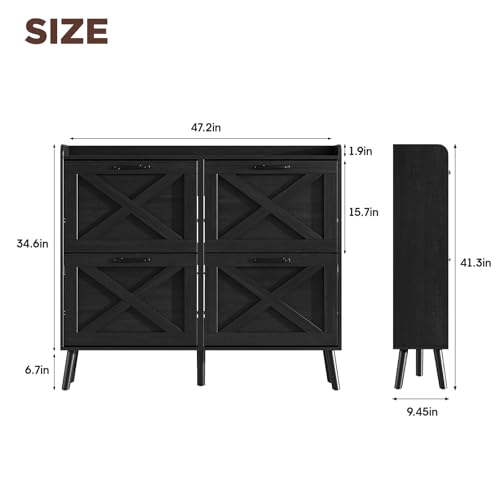 Image of Maupvit Large Shoe Storage Cabinet with 4 Flip Drawers, Narrow Shoe Cabinet for Entryway with Wooden Legs, Freestanding Hidden Shoe Rack Organizer & Metal Hinges, Black