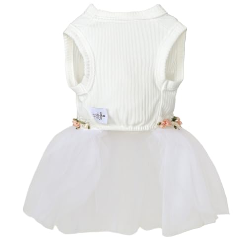 Image of CuteBone White Tulle Skirt Dog Wedding Bridesmaid Dress for Puppy with Lace Trim at Waist - Comfortable, Stylish, and Perfect for Special Occasions HBQ05XS