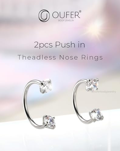 OUFER 2PCS 316L Surgical Steel Horseshoe Nose Rings Hoops, 20G Push Pin Threadless Nose Rings For Women Men, Double Crystal Horseshoe Septum Lip Eyebrow Helix Daith Ear Piercing Jewelry-7mm and 8mm2
