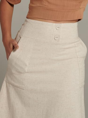 Saia midi com bolsos linho com elastano (ref 02277) (M, BEGE)