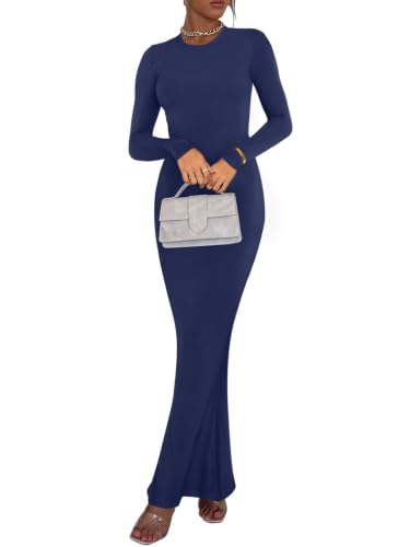 Image of REORIA Women's Sexy Crew Neck Lounge Long Dress Elegant Long Sleeve Ribbed Bodycon Maxi Dresses