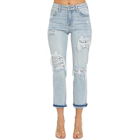 SALT TREE Risen Jeans - Mid Rise Sequins Patched Tapered Jeans - RDP5414 Lightblue Cover