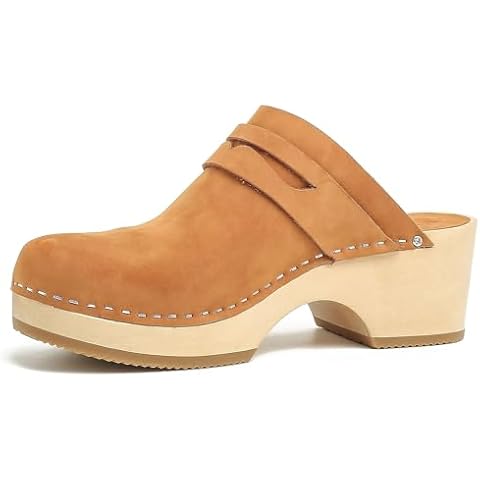 Women's Handmade Wooden Clog Mule 2.3" Open Back Leather Clogs Classic Clogs Mule for Long-Lasting Wear（Brown 11） Cover