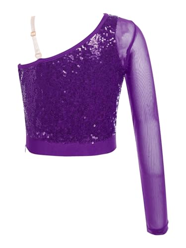 Miaeowve Camiseta de lentejuelas para niños y niñas, camiseta corta, brillante, parte superior de una manga, malla de patchwork, ropa de baile, fiesta, actuación, disfraz, morado, 110-116