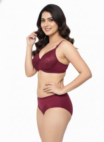 Image of Kinzie Elegant Floral Jacquard Lingerie Set, Grey Brown Maroon Bra and Brief, Comfortable Full Coverage Underwear Set, Padded Bra, Lingerie Set, Honeymoon Bikini Set,