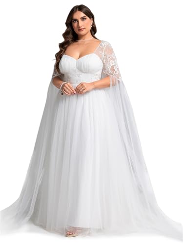 Ever-Pretty Plus Women's V Neck Empire Waist Embroidered Applique Floor Length Plus Size Wedding Dress White US4XL