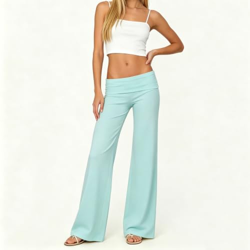 Image of Lounge Yoga Pants for Women Fold Over Low Waist Wide Leg Bell Bottoms | Y2K Foldover Pants, Flare Leggings, Low Rise Yoga Sweatpants