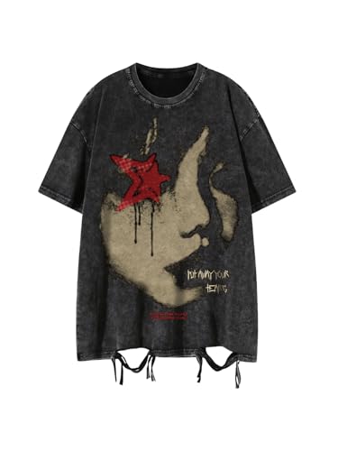 Men's Grunge Graphic Oversized Tee Shirts Y2K Vintage Short Sleeve Acid Wash Distressed T Shirt Top