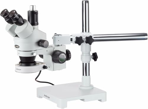 Image of AmScope SM-3TX-80S Professional Trinocular Stereo Zoom Microscope, WH10x Eyepieces, 3.5X-45X Magnification, 0.7X-4.5X Zoom Objective, 80-Bulb LED Ring Light, Single-Arm Boom Stand, 90V-265V, Includes 0.5X Barlow Lens
