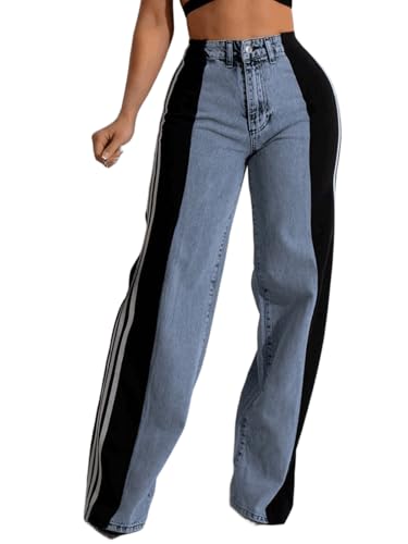 Angsuttc Womens Jeans with Patchwork Stripes High Waisted Stretchy Denim Color Block Straight Wide Leg Trendy Jean