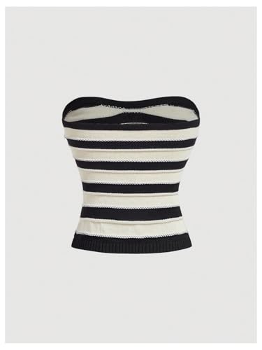MakeMeChic Women's Striped Tube Top Strapless Button Split Hem Sweater Bandeau Crop Tops2