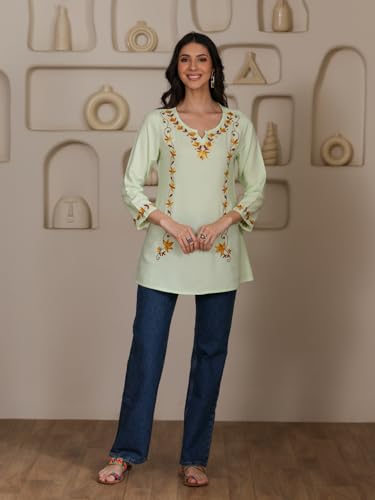 Image of QAZMI Women Kashmiri Aari Embroidered A-Line Viscose Rayon Short Kurti with Full Sleeves