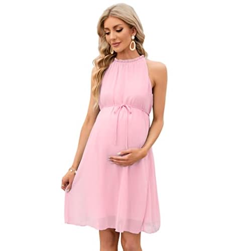 KOJOOIN Womens Maternity Halter Neck Dress, Medium, Pink
