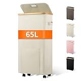 Vincona Slim Laundry Basket with Wheels, Tall Dirty Clothes Hamper on Wheels, Narrow Rolling Laundry Hamper with lid for Dorm, Bedroom and Bathroom, 65L Beige