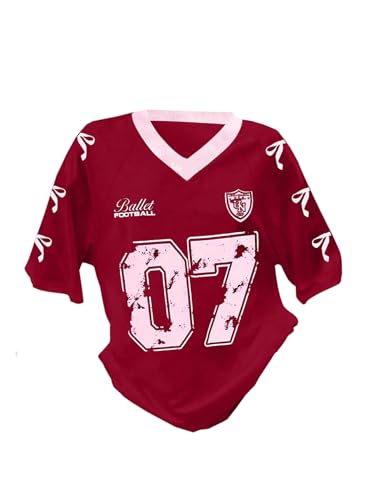 Image of RoseSeek Girl's Jersey Y2K Oversized Graphic Number Print Tops V Neck Short Sleeve T Shirt Hip Pop Tee Streetwear