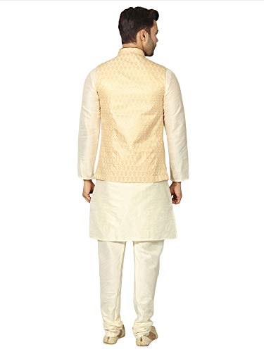 Image of Uri and MacKenzie Men's Silk Blend Regular Kurta Churidar Pyjama with Bundi Nehru Jacket /Waistcoat