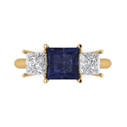 Clara Pucci 2.5 tcw Princess Cut Engagement Ring for Women, 14K Solid Gold, Yellow Gold, Three-Stone Simulated Blue Sapphire Bridal Anniversary Promise Ring
