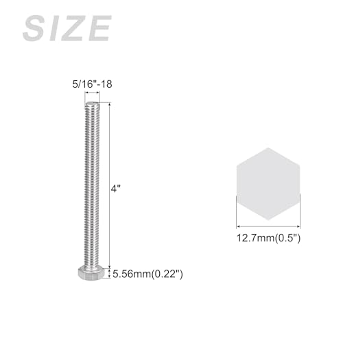 Image of METALLIXITY Hex Head Bolts (5 /16-18 x 4 inch) 5Pcs, 304 Stainless Steel 18-8, Fully Threaded, External Hex Drive, Plain Finish, Hex Head Screw Bolt, Silver