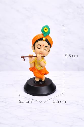 Image of Krishan Ji Car Dashboard Idol with Double Sided Tape | Bal Gopal Statue for Car Dashboard, Home Temple & Office | Cute Krishna Murti Gift Item | Orange | Standing Eye Closed