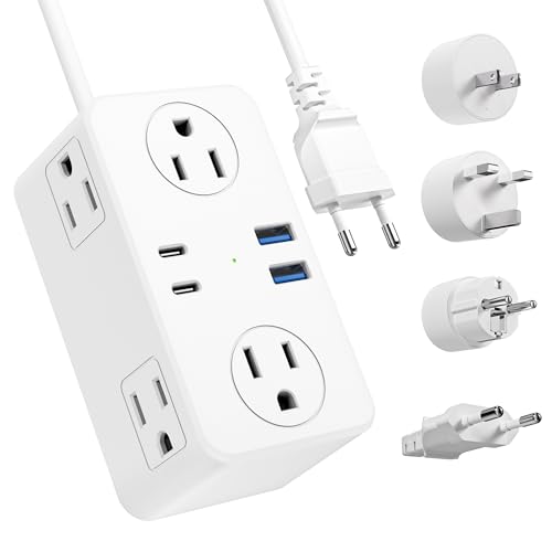European Travel Plug Adapter, EU/UK/US Travel Plug Adapter Power Strip, 6 AC Outlets, 4 USB Ports (2 USB C), 3ft Wrapped Around Extension Cord, Universal Travel Adapter