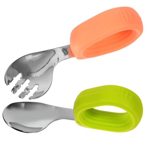 NOLITOY 弯?設計幼児用スプーンフォーク ステンレス シリコン製 耐久 食事練習用 向け 持ちやすい形状 離乳食対応 ベビー食器