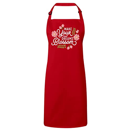Tablier de cuisine rouge premium avec citation Make Your Dreams Blossom