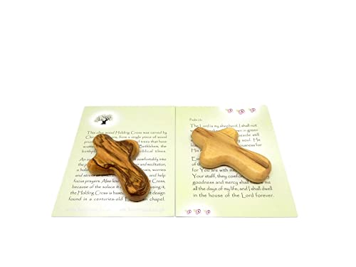 A Pair (2) of Mini Olive Wood Holding Palm Comfort Crosses - Perfect for Christian Prayer and Peaceful Moments - Handcrafted in Bethlehem. Comes with Explanation Card