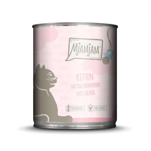 MjAMjAM - Premium Nassfutter für Katzen - Kitten saftiges Hühnchen mit Lachsöl, 6er Pack (6 x 800 g), getreidefrei mit extra viel Fleisch