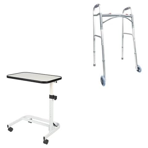 UNLICON- 2-Button Folding Walker with Wheels and Medical Rolling Bedside Table with Wheels Cover