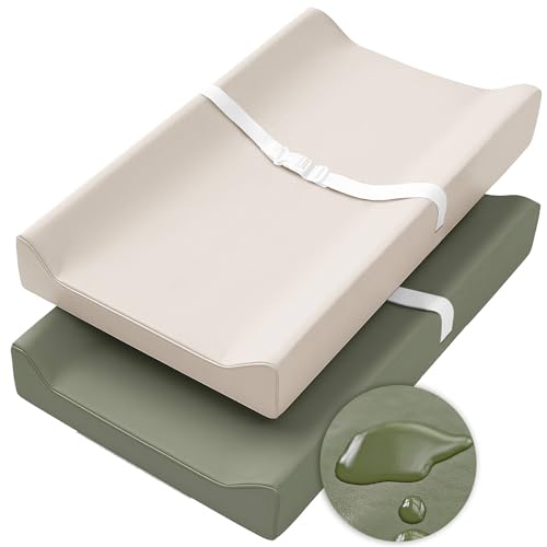 Image of Konssy Vegan Leather Changing Pad Cover for Baby Girls Boys, 2 Pack Waterproof & Wipe-Clean Diaper Chang Table Covers, Soft Changing Pad Sheets (Fog Green,Beige)