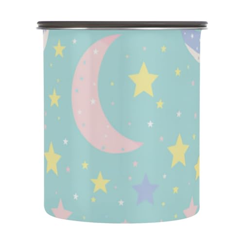 Amooorous Recipientes de almacenamiento con tapa de acero inoxidable con diseño de estrellas y lunas de dibujos animados azules y amarillos, 1 botón de apertura para cereales