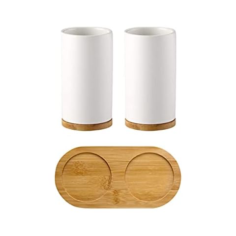 EKDJKK Toothbrush Holder Cup Ceramics & Bamboo for Bathroom, Tooth Brush Cup Holder & Organizer, Space Saving (Matte White, Double Cup) Cover