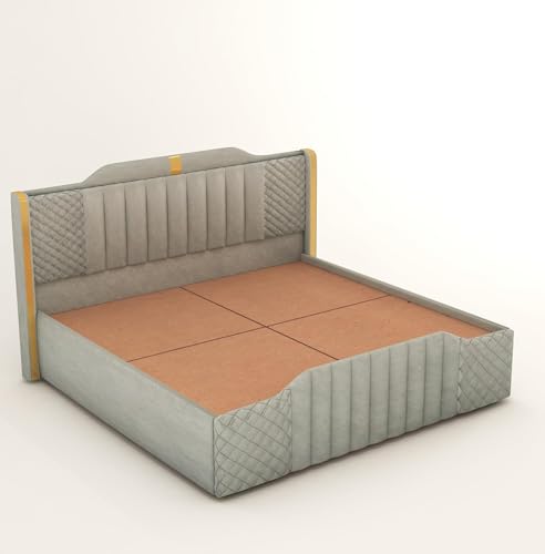 Image of Modern Upholstered King Size Bed with Storage | Double Bed with Box Storage & Upholstery Premium Fabric Headboard | Platform Bed for Bedroom & Hotel | Sheesham Wood, Grey, 6.5 x 6 Ft