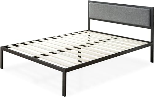 Zinus Korey Bett 160 x 200 cm – Bettgestell Höhe 36 cm mit Stauraum unter dem Bett – Plattformbettrahmen aus Metall mit gepolstertem Kopfteil – Schwarz und Grau