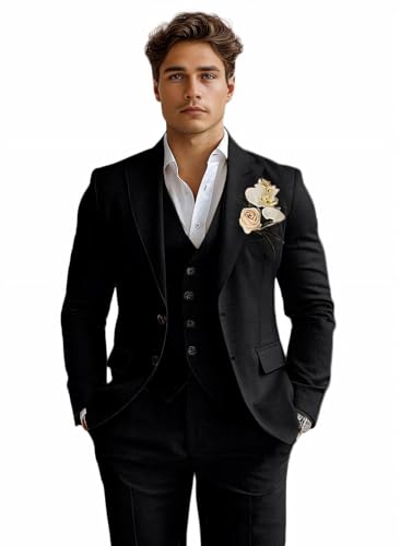 Linen Mens Suits 3 Piece Slim Fit Tuxedo Suit for Men Beach Wedding Formal Business Suit Groom Prom Set Outfits JLWS-14