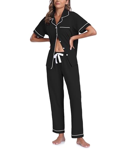Image of CF Womens 100% Cotton Pajamas Set Button Down Pjs Sets Short Sleeve Top & Long Pants Sleepwear Comfy Loungewear with Pockets