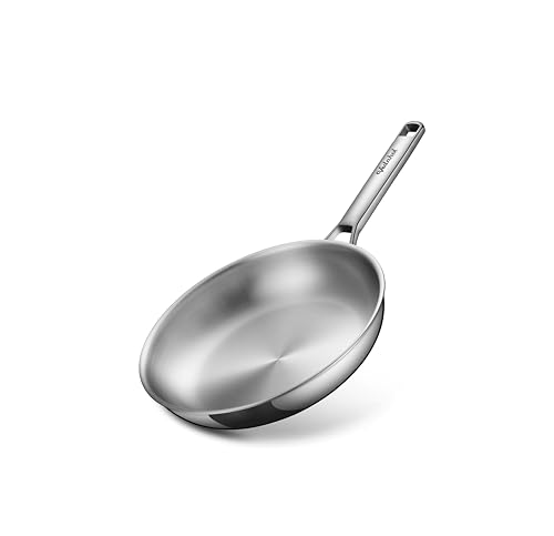 VEDNHOL Stainless Steel Pan,12 Inch Stainless Steel Frying Pan,Tri-Ply Stainless Steel Skillet,Steel Pan for Cooking,PFOA&PTFE Free,Dishwasher and Oven Safe,Induction&All Stove Compatible
