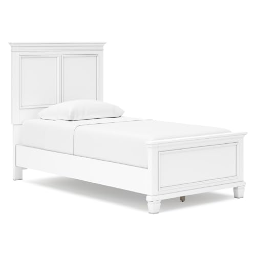 Image of Signature Design by Ashley Kids White Twin Panel Bed, Headboard & Footboard | Solidly built wood and MDF frame, Youth bedroom use, Smooth painted finish, Adjustable base compatible, Fortman Series