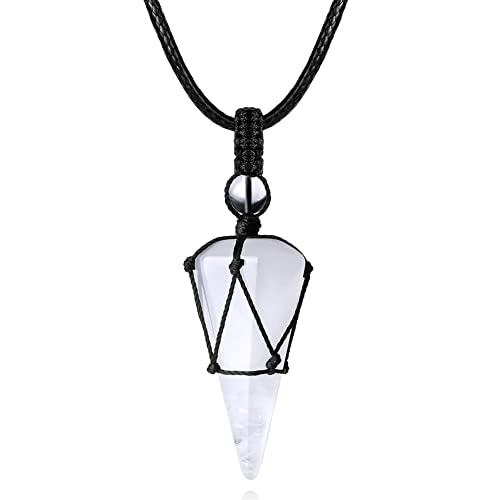 MAIBAOTA Clear Quartz Healing Crystal Stone Necklace Natural Gemstone Pointed Pendant Necklaces Adjustable Rope Reiki Quartz Jewelry for Men Women