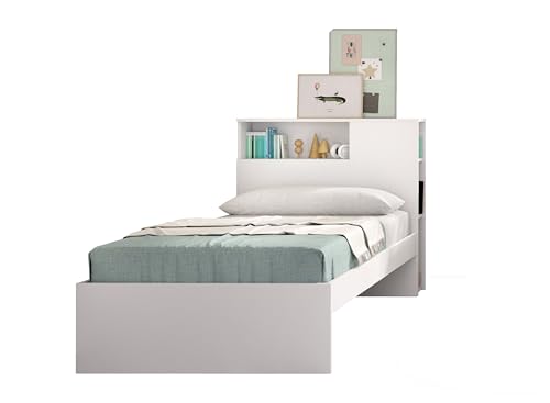 DEKIT Grupo RIMOBEL Ten - Cama con almacenaje en Cabezal y aro de Cama de 90X190 - Blanco - 96 x 99 x 218,2