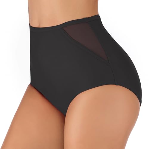 Image of Joweechy Womens High Waisted Bikini Bottoms Black Retro Mesh Swim Briefs XL